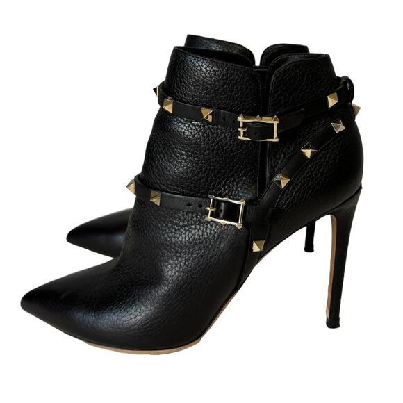 Valentino Garavani Black Pebbled Leather Rockstud Ankle Boots Size 40 Gold Studs - Picture 4 of 14